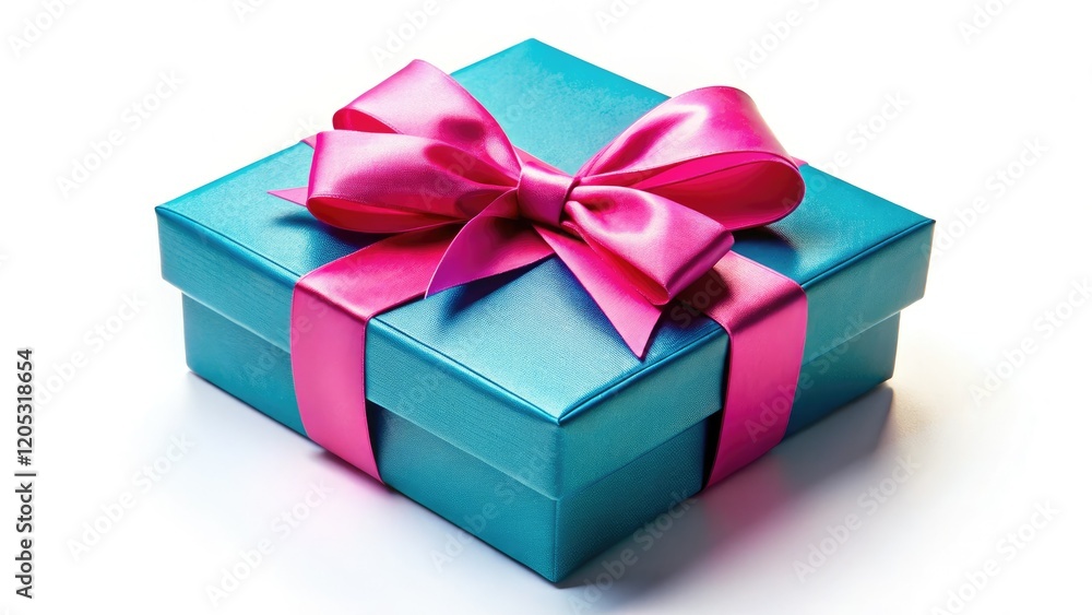 Obraz premium A solitary blue gift box, adorned with a pink bow, rests open on a pristine white background.