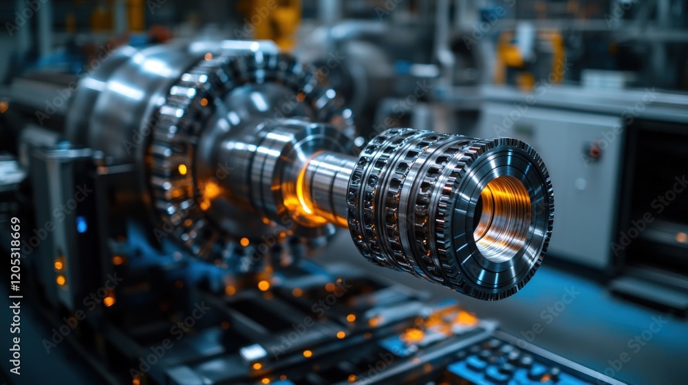 Fototapeta premium Industrial machine, precision metal parts, manufacturing process.