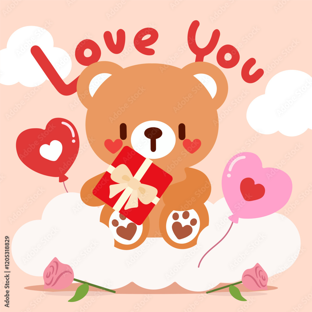 Adorable Teddy Bear with Gift and Heart Balloons for Love Theme. Kawaii Bear Holding a Gift with Love Balloons and Roses. Adorable Teddy Bear with Gift and Heart Balloons for Love Theme. Kawaii Bear Holding a Gift with Love Balloons and Roses.