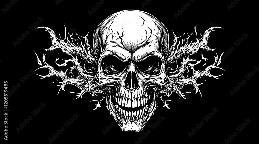 Stylized human skull with decorative, root-like elements. Applicable to tattoo designs, gothic aesthetics, heavy metal themes, or concepts of mortality and darkness.
Stylized human skull with decorative, root-like elements. Applicable to tattoo designs, gothic aesthetics, heavy metal themes, or concepts of mortality and darkness.