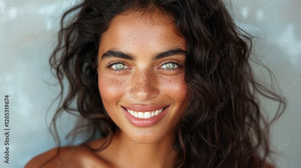 Woman with green eyes and dark hair is smiling Woman with green eyes and dark hair is smiling
