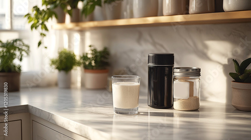 Wallpaper Mural Glass of protein shake on a bright marble kitchen countertop with a black shaker, a jar of protein powder, and potted plants in a sunlit, cozy setting Torontodigital.ca