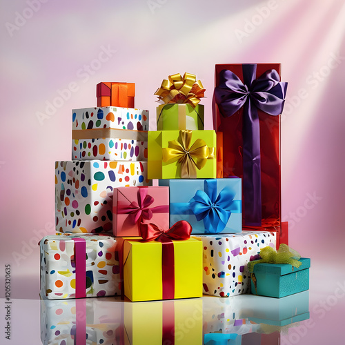 molte scatole di regalo e doni, per il compleanno o matrimonio, dai colori vivaci e con fiocchi colorati, many gift boxes and gifts, for birthdays or weddings, in bright colors and with colorful bows photo