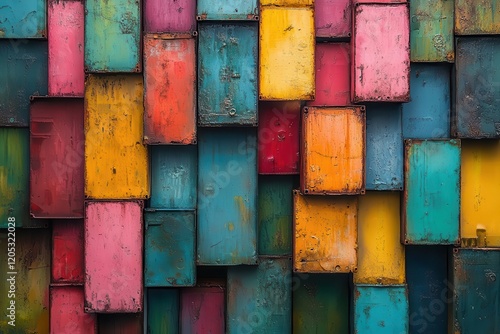 aerial view of container ship creating abstract geometric patterns in tropical waters with vibrant cargo containers arranged like pixel art photo