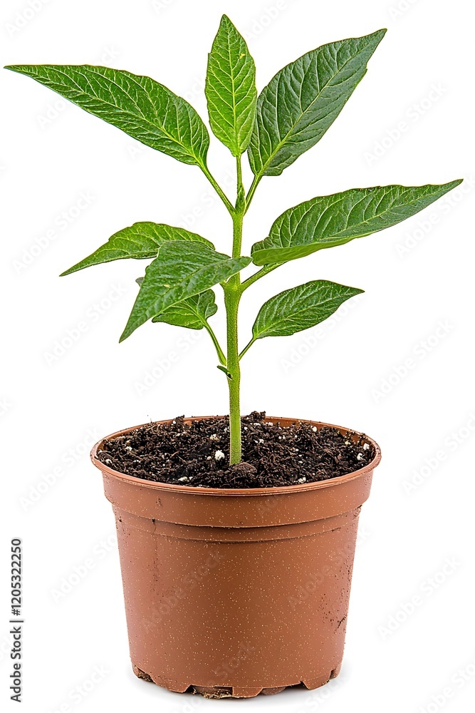 Close up of Thriving Tomato Plant in Terracotta Pot on White Background Close up of Thriving Tomato Plant in Terracotta Pot on White Background
