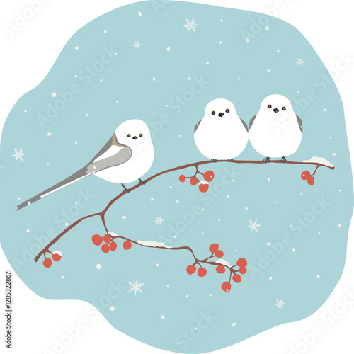 Shima enaga, long tailed tit, cute birds perched on twig with red berries, falling snow at winter time