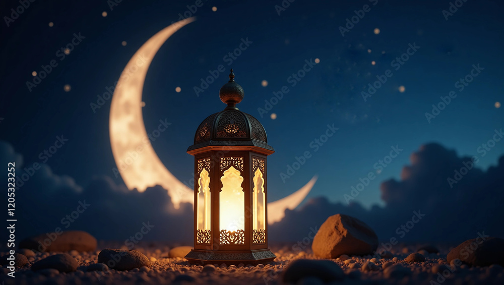 Fototapeta premium Traditional glowing Arabic lantern in middle of desert night sky background. Copy space Ramadan banner 33