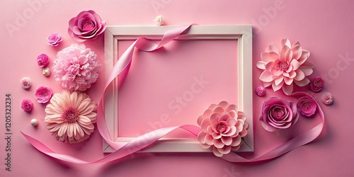 Delicate pink flowers in a tilt-shift frame, adorned with ribbon, create a romantic and festive miniature DIY craft.