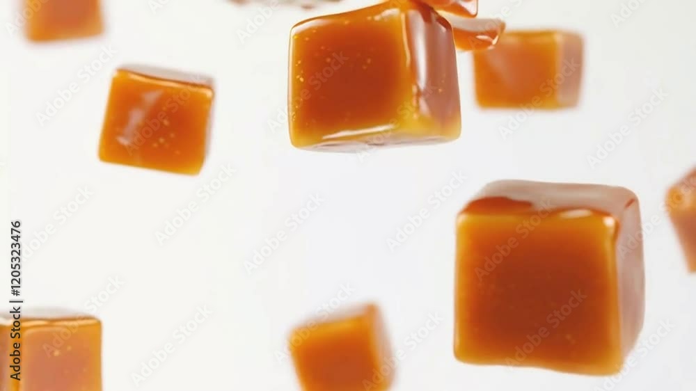 Caramel candies flying. A sweet treat made from sugar, butter, and milk, caramel candy has a rich, buttery flavor with a soft, chewy texture. Caramel candies flying. A sweet treat made from sugar, butter, and milk, caramel candy has a rich, buttery flavor with a soft, chewy texture.