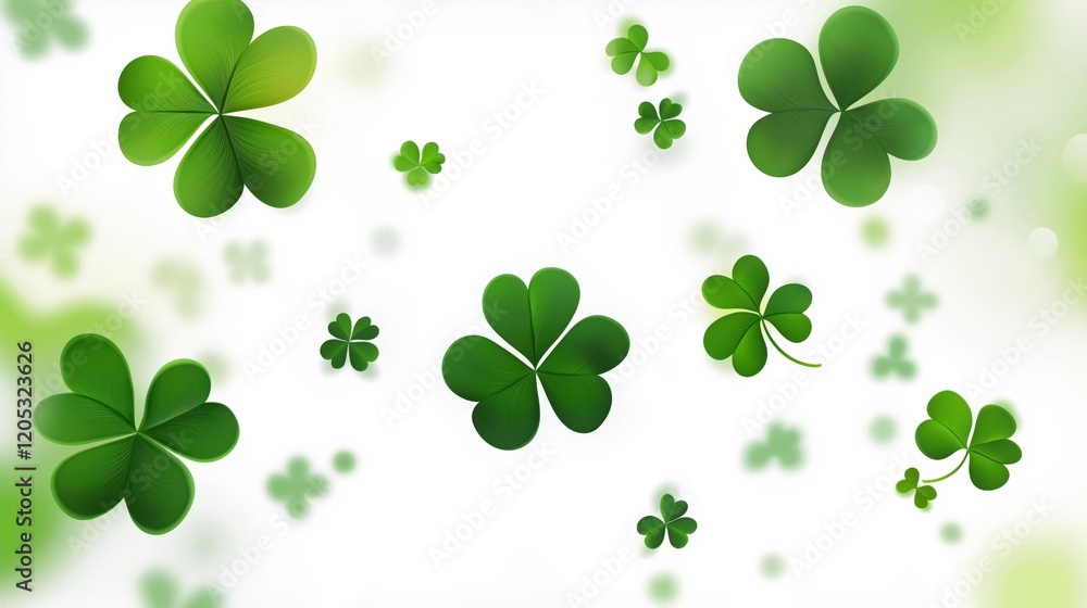 Four-leaf clovers falling on a white background, Saint Patrick's Day Four-leaf clovers falling on a white background, Saint Patrick's Day