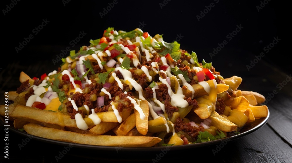 A photo of loaded nacho fries with toppings. A photo of loaded nacho fries with toppings.