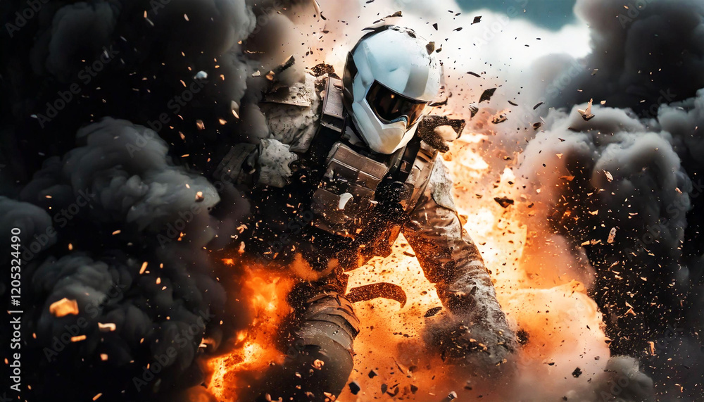 Armored Soldier Emerging from Explosive Chaos in Dramatic Battlefield Scene Armored Soldier Emerging from Explosive Chaos in Dramatic Battlefield Scene