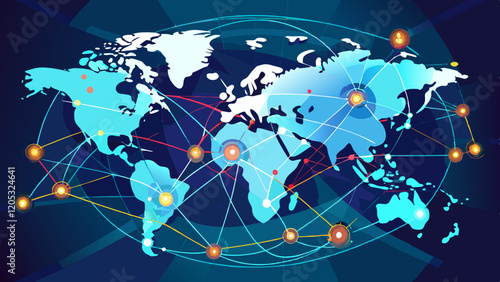 AI Generated: A glowing world map with connections between major cities, symbolizing global networking, communication, and interconnectedness.