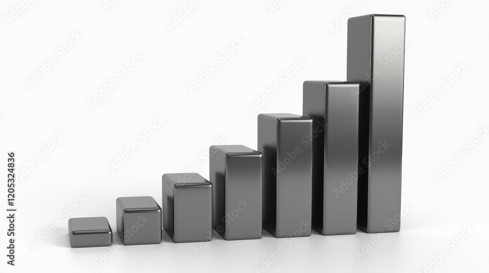 A hyperrealistic 3D bar chart in metallic chrome and matte black, showcasing an upward growth trend, set against a seamless white background A hyperrealistic 3D bar chart in metallic chrome and matte black, showcasing an upward growth trend, set against a seamless white background