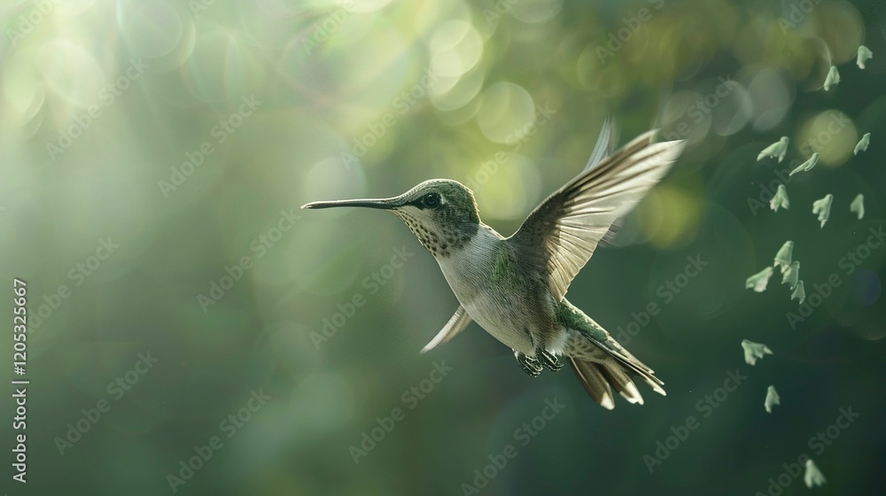 Fototapeta premium A photo of a hummingbird in mid-flight.