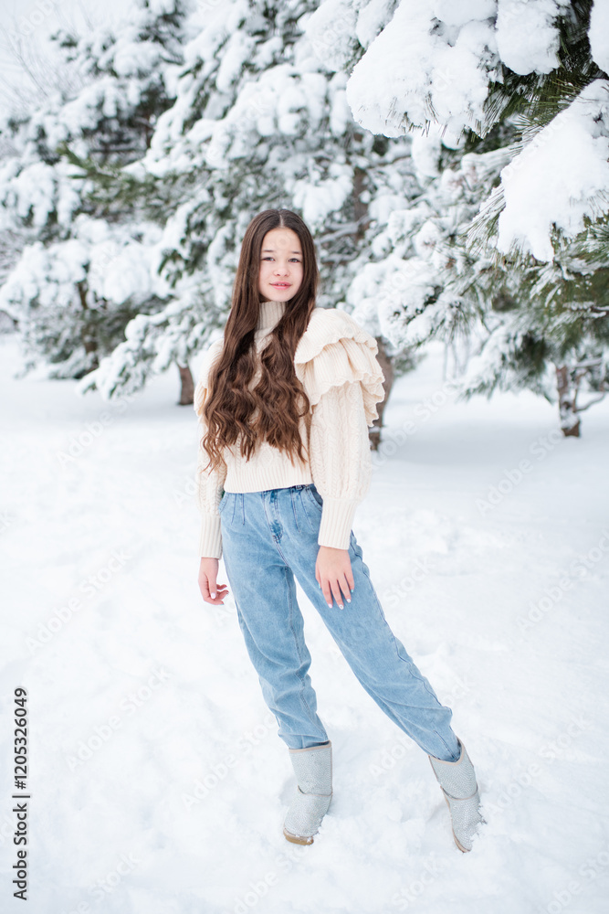 Pretty teenage girl 14-15 year old with long blonde hair wearing casual clothes over snow outdoors. Winter time. Pretty teenage girl 14-15 year old with long blonde hair wearing casual clothes over snow outdoors. Winter time.