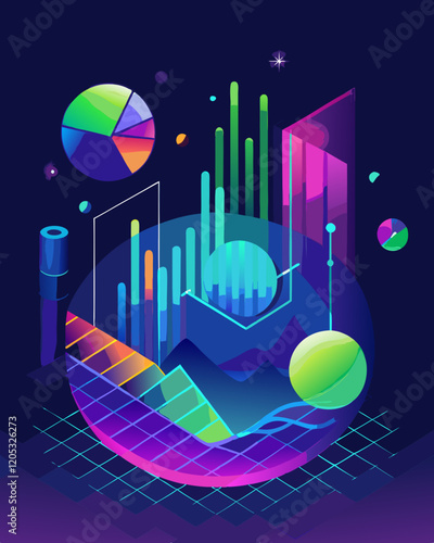 AI Generated abstract vector featuring glowing dots, flowing lines, bar graphs, and pie charts representing data analytics, using futuristic gradient hues of blue, purple, and neon green