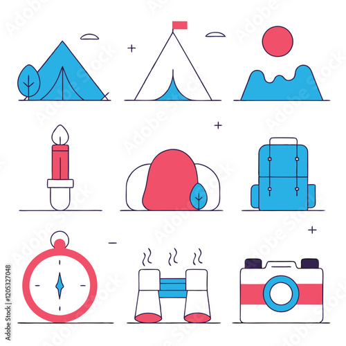 Epic Camping Adventure: Black Icons Set for Outdoor Designs map tent fire logo canoe travel nature  