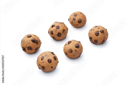Freshly made chocolate chip cookie dough balls on a white surface