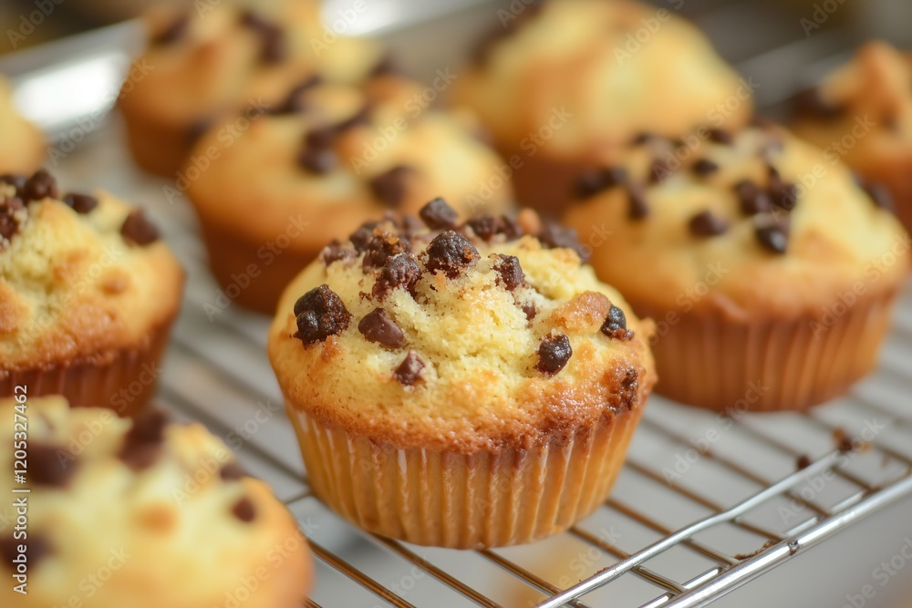 Freshly baked chocolate chip muffins cooling on a rack Freshly baked chocolate chip muffins cooling on a rack