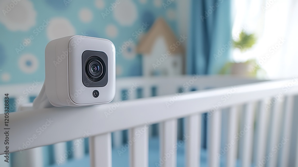 A close-up of an indoor camera mounted on the top bar of baby's crib, with blue and white nursery background. 