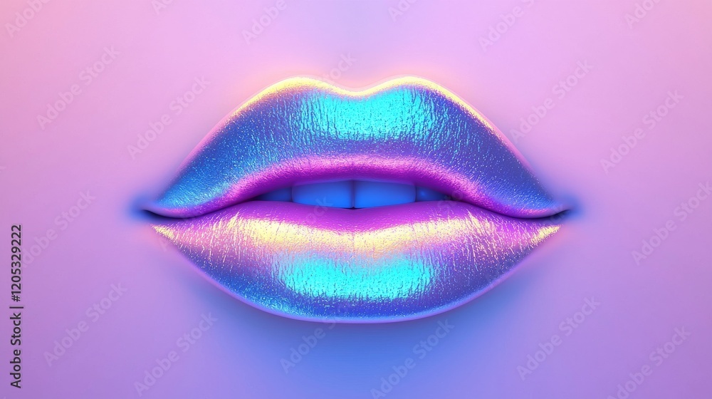 Close-up shot of iridescent, metallic lips, glowing with vibrant, neon purple and blue hues against a soft pastel background. Close-up shot of iridescent, metallic lips, glowing with vibrant, neon purple and blue hues against a soft pastel background.