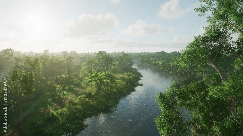 Lush River, Jungle Canopy, Sunrise, Aerial View, Tourism Lush River, Jungle Canopy, Sunrise, Aerial View, Tourism