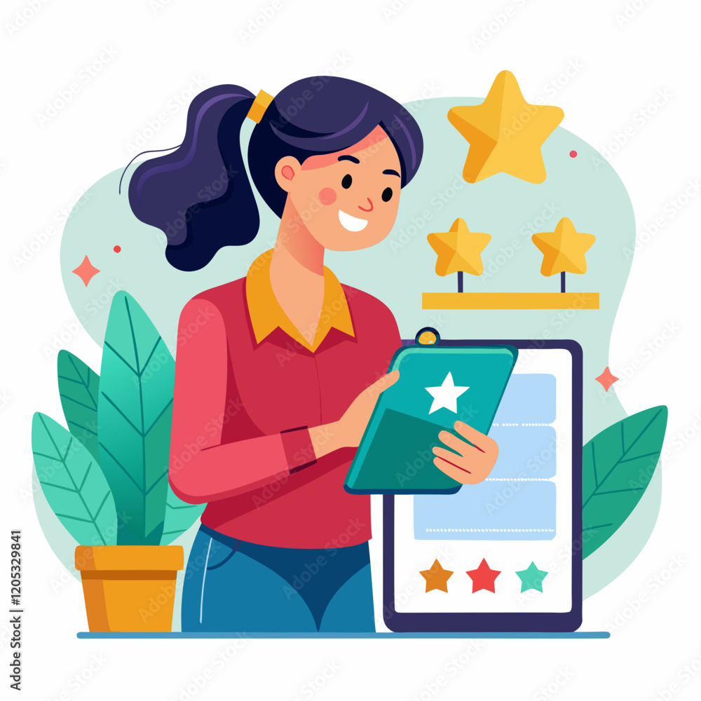 Customer Reviews Illustration: A cheerful young woman is smiling and reviewing a product or service on a tablet. She is holding a clipboard with a five-star rating and a thumbs up. Customer Reviews Illustration: A cheerful young woman is smiling and reviewing a product or service on a tablet. She is holding a clipboard with a five-star rating and a thumbs up.