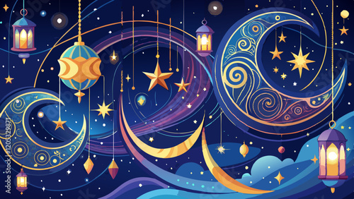 AI Generated: Starry Night Sky with Crescent Moons, Stars, and Decorative Lantern Constellations