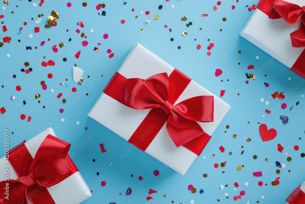Two gift boxes with red bows and confetti on a blue background Two gift boxes with red bows and confetti on a blue background