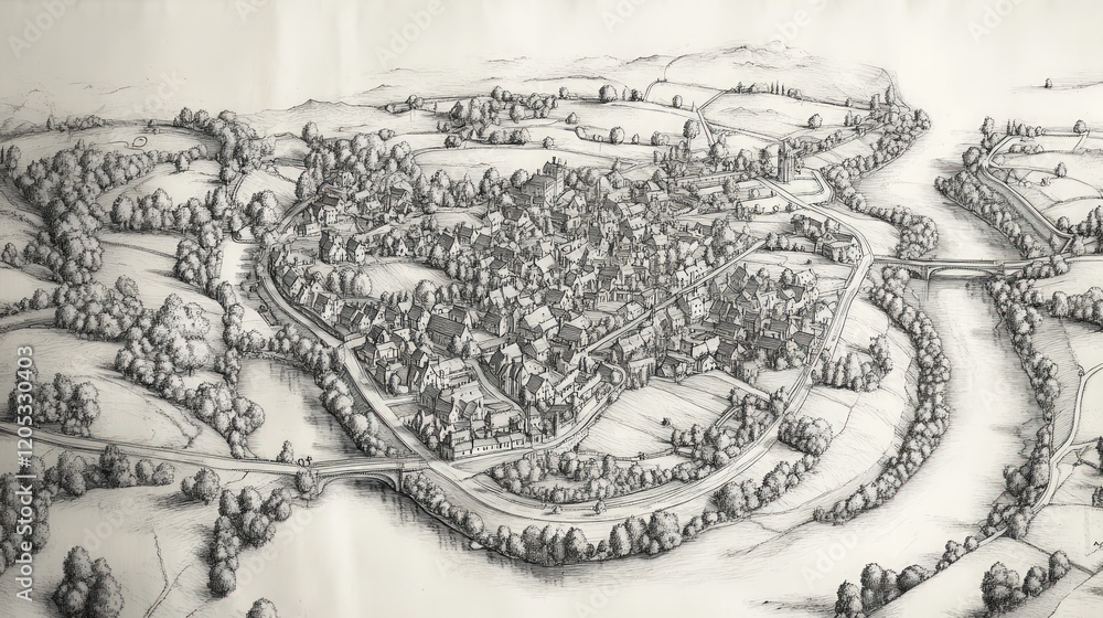 Obraz premium Pen-and-ink drawing of medieval town, river, bridge.