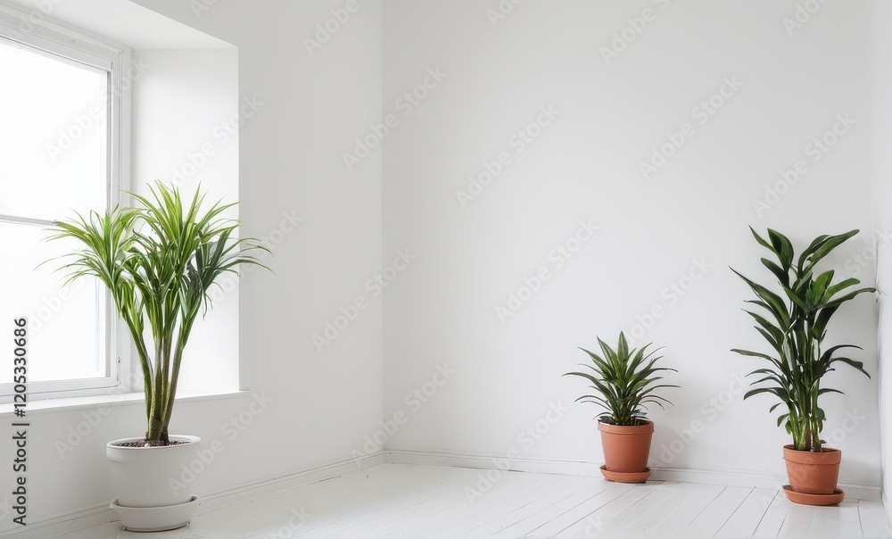 Three potted plants in a minimalist white room with a bright window...Concept: Interior decor, plant arrangement. Three potted plants in a minimalist white room with a bright window...Concept: Interior decor, plant arrangement.