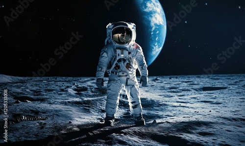 Astronaut standing on the moon with earth glowing in the background surrounded by a starry sky