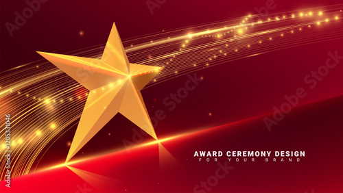 Elegant 3D golden stars with glowing curve elements and bokeh effect on red luxury background, award ceremony backdrop design.