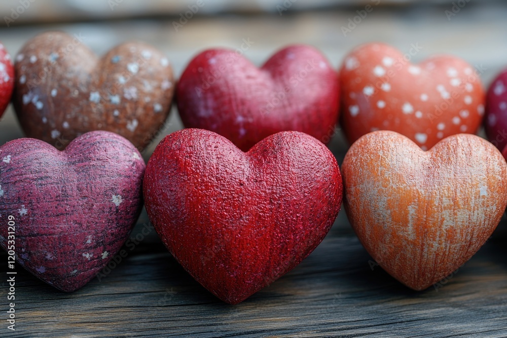 A collection of colorful wooden hearts arranged on a flat surface