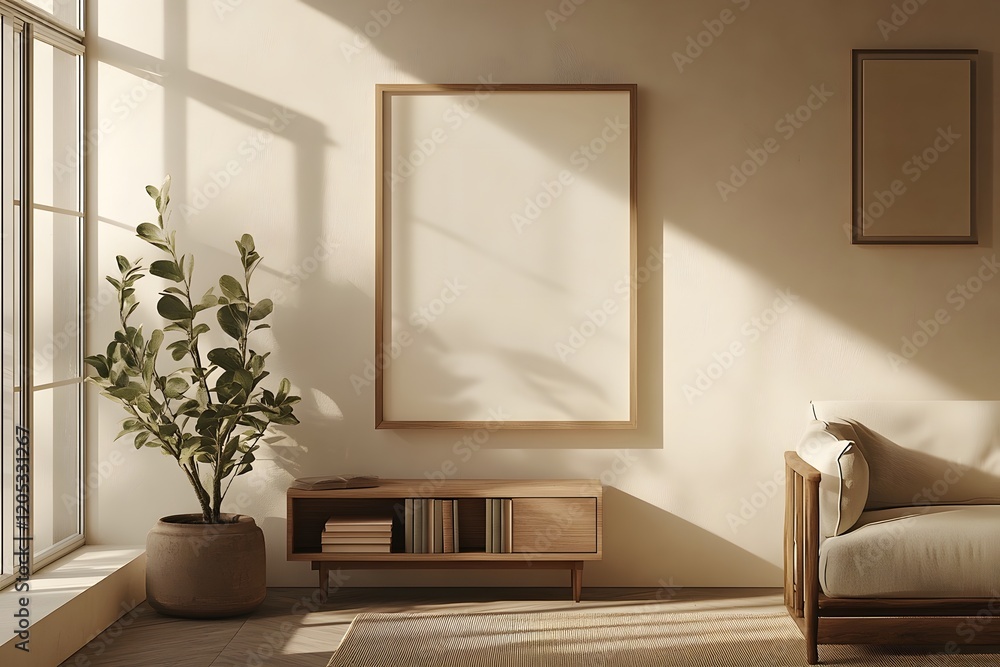 Blank wooden frame poster displayed in warm natural lit apartment living room with minimalist decor Blank wooden frame poster displayed in warm natural lit apartment living room with minimalist decor