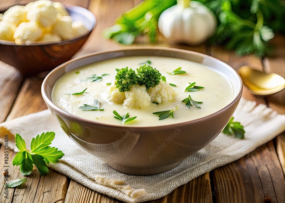 Indulge in velvety smooth cauliflower soup, a culinary autumn masterpiece. Elegant photography captures its creamy perfection. Indulge in velvety smooth cauliflower soup, a culinary autumn masterpiece. Elegant photography captures its creamy perfection.