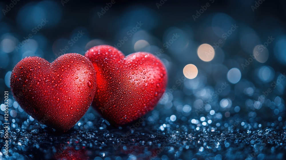 Fototapeta premium Two red hearts sit on a table, symbolizing love and affection