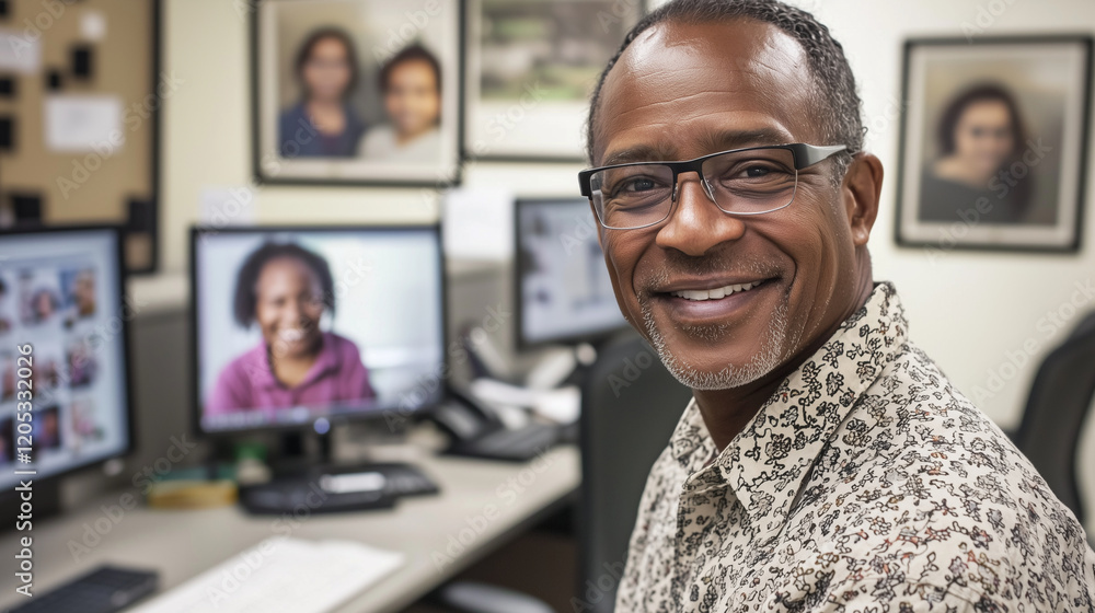 Smiling operator, desk with family photos, clean office with cubicles, warm and inviting atmosphere. Smiling operator, desk with family photos, clean office with cubicles, warm and inviting atmosphere.