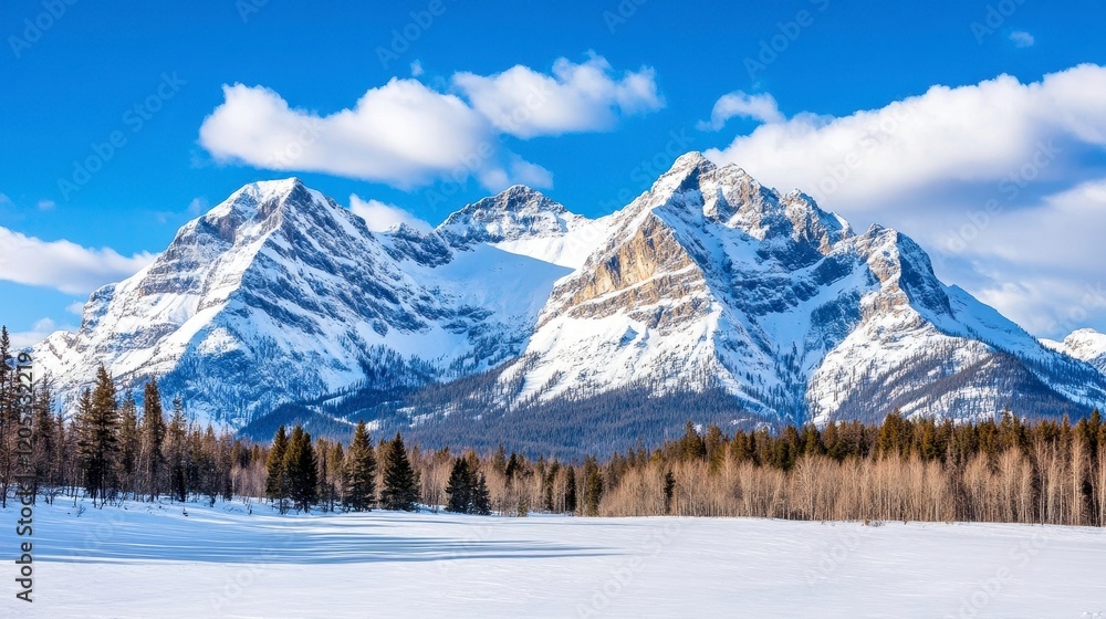 Majestic Snow-Capped Mountains Under Blue Sky with Fluffy Clouds Majestic Snow-Capped Mountains Under Blue Sky with Fluffy Clouds