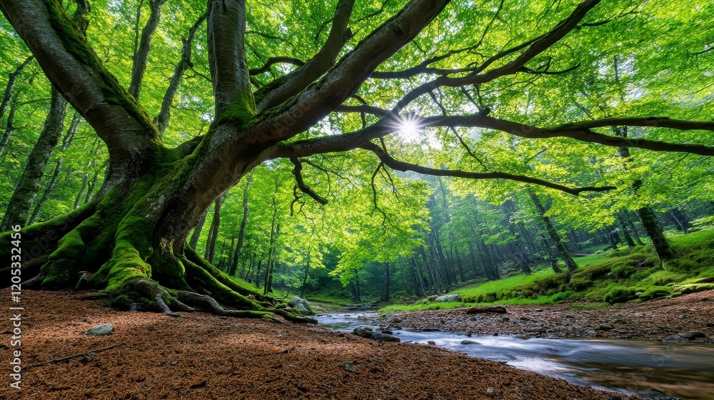 Fototapeta premium Serene Forest with Majestic Tree and Sunlight Through Leaves