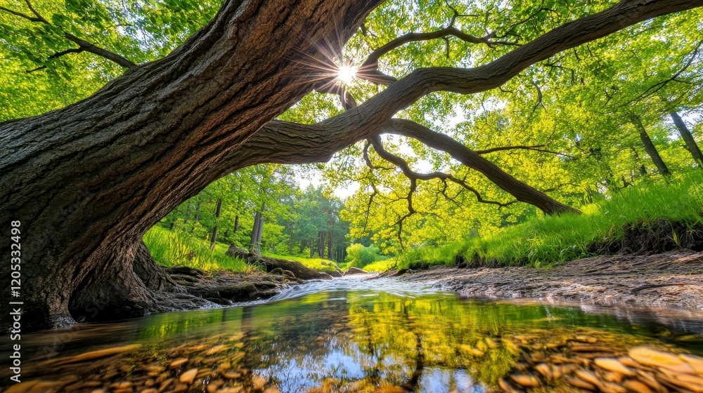 Fototapeta premium Lush Green Forest Stream Under a Giant Tree with Sunlight Rays
