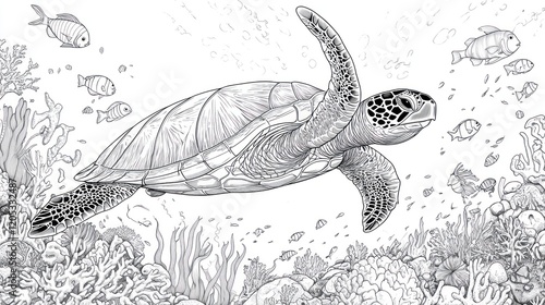 Detailed line drawing of a sea turtle swimming gracefully with fish in coral reef marine life