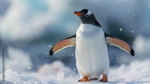 A photo of a penguin waddling on ice.