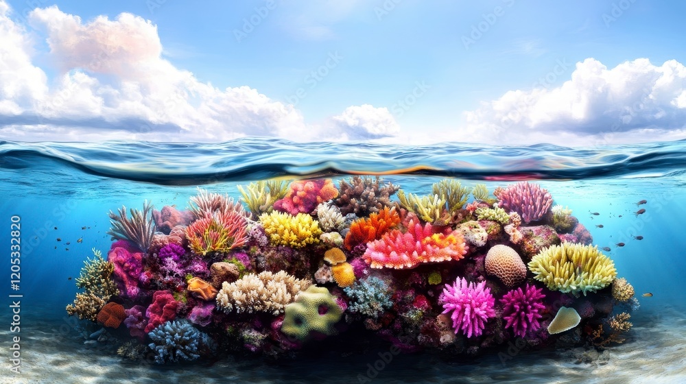 Naklejka premium Vibrant Coral Reef Under Crystal Clear Water with Colorful Marine Life