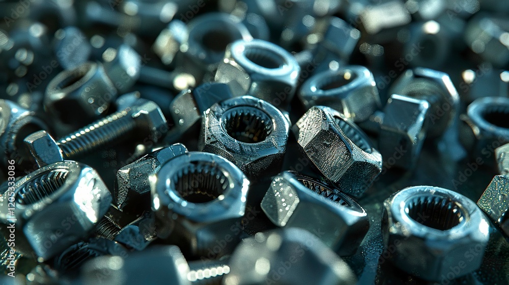 A photo of a pile of galvanized nuts and bolts. A photo of a pile of galvanized nuts and bolts.