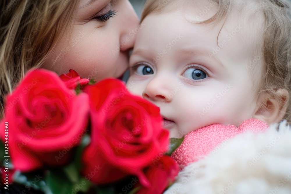 A mother or caregiver kissing a young child while holding a bouquet of roses A mother or caregiver kissing a young child while holding a bouquet of roses