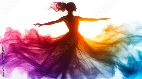 Artistic expression: dancers in silhouette with flowing colors and double exposure effect