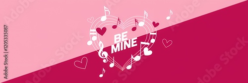 A minimalist Valentine's Day poster design with a music theme. There's a heart made of musical notes and the text 