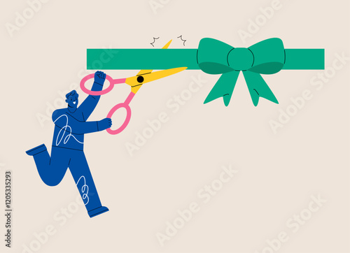 Man is holding big scissors cutting ribbon. Grand opening concept. Colorful vector illustration